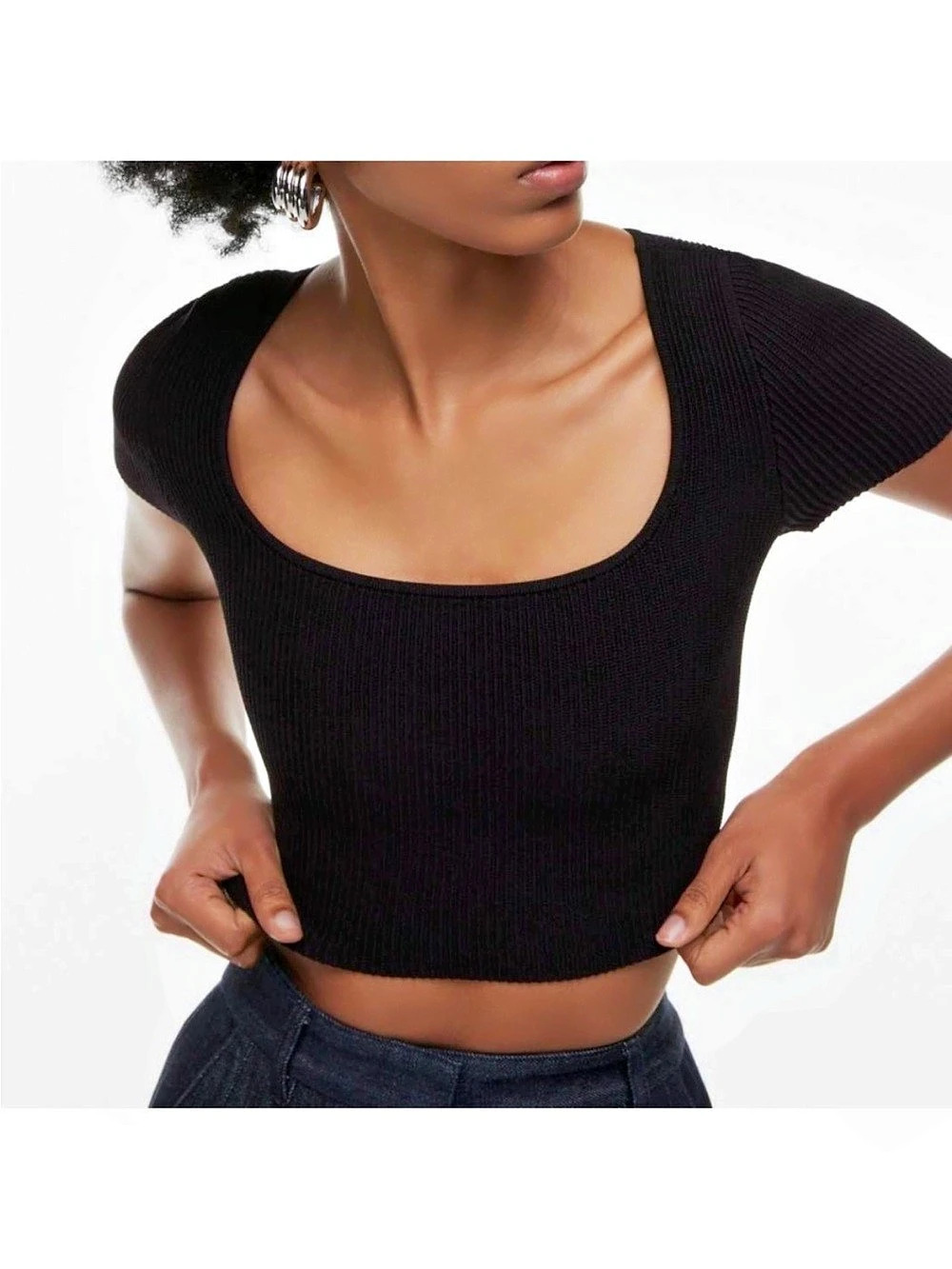 Babaton Sculpt Knit Squareneck Short-Sleeve Crop Top Black